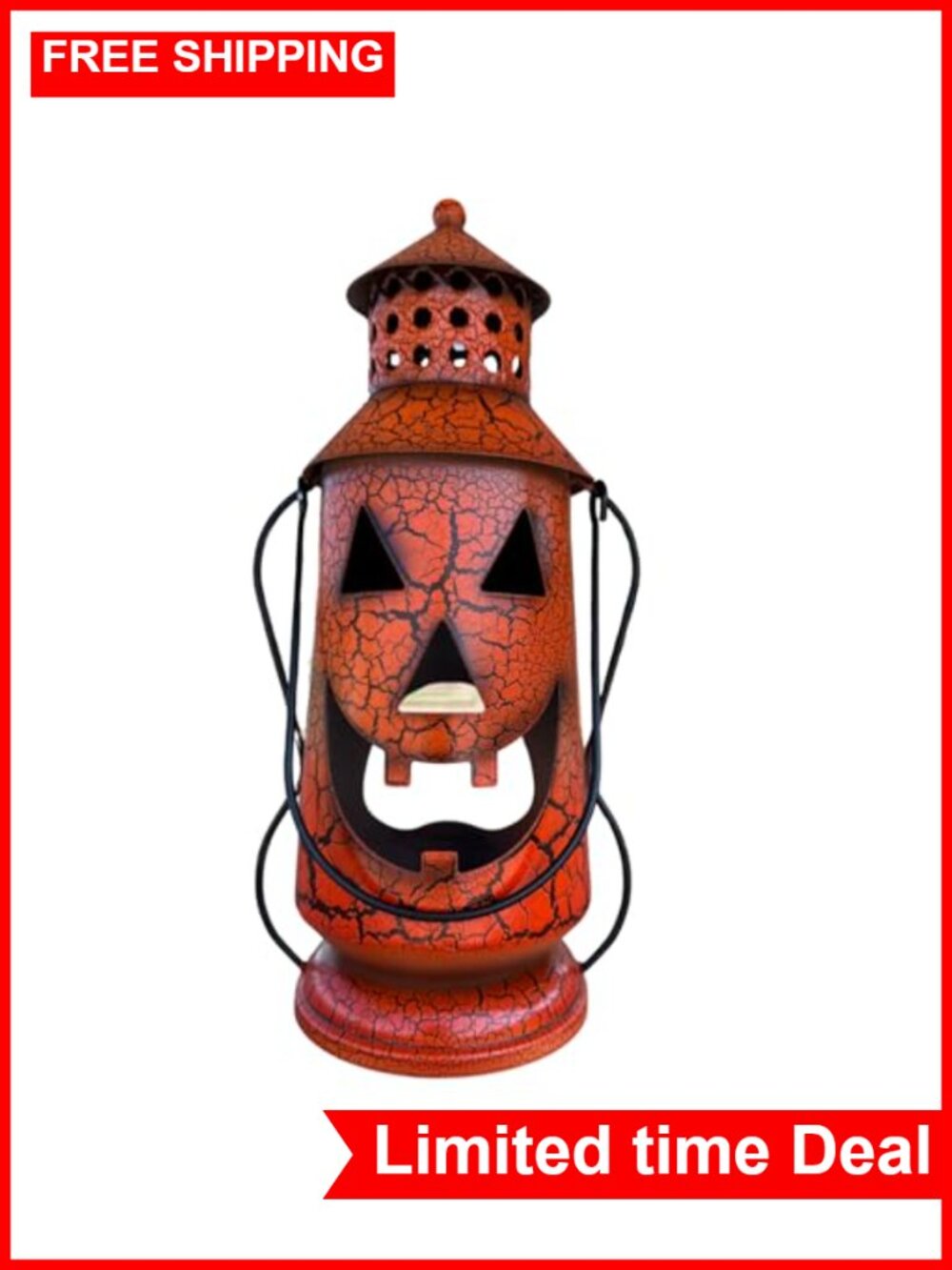 Halloween Pumpkin Rustic Metal Lantern with Handle 11.5" Tall
